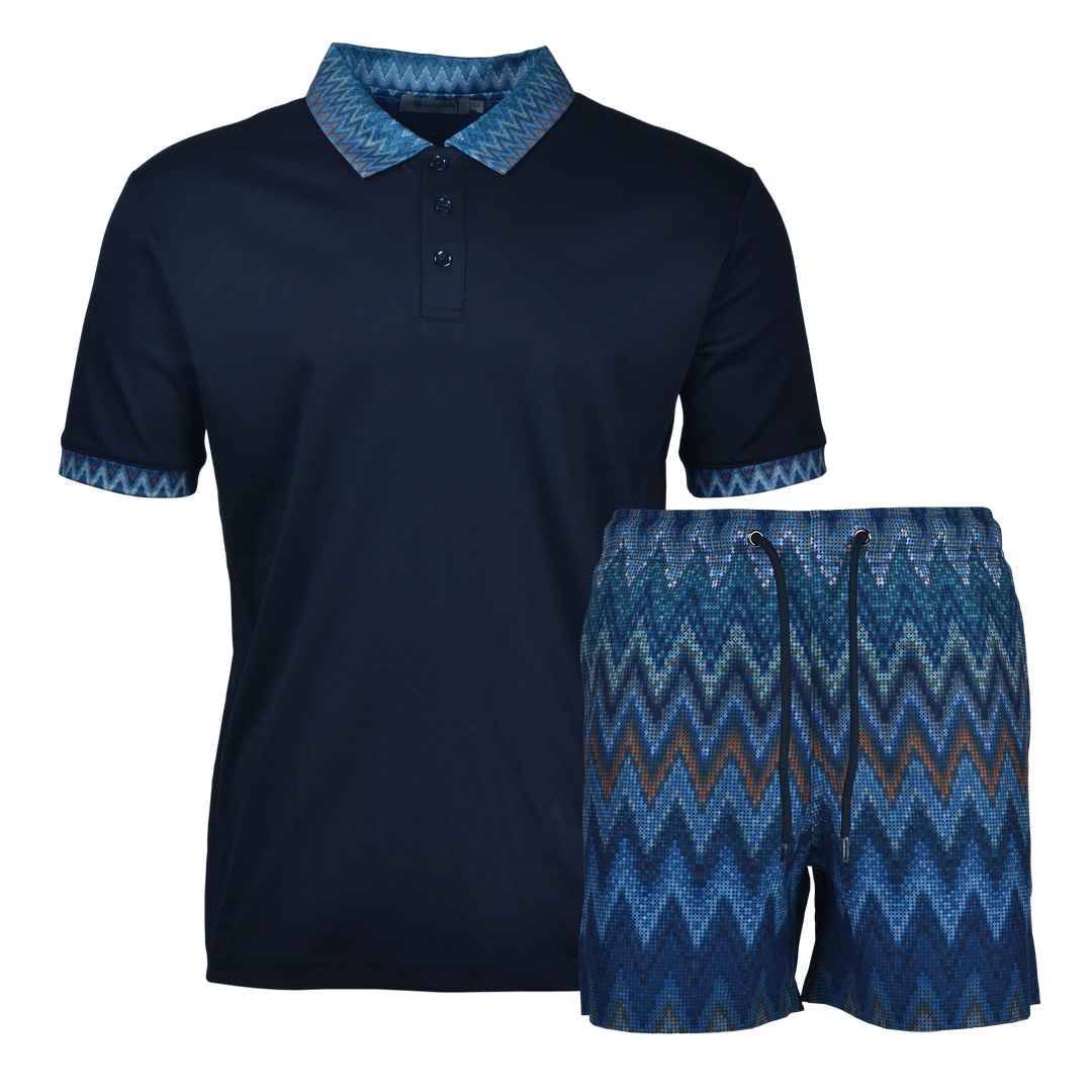 Sequin Zig Dubai Pattern Collar - Kids Polo & Swim Short Set