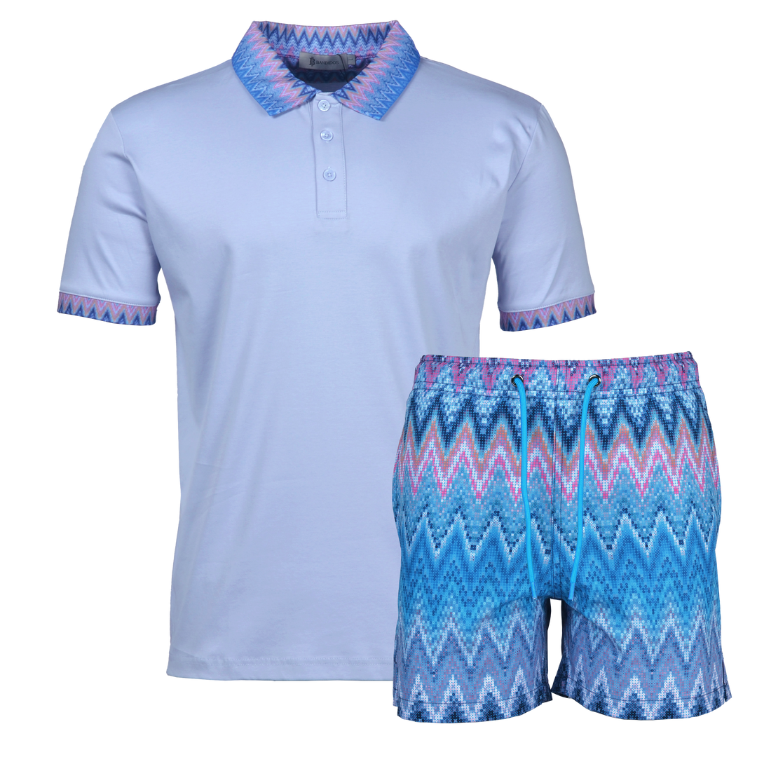 Sequin Zig Miami Pattern Collar - Kids Polo & Swim Short Set