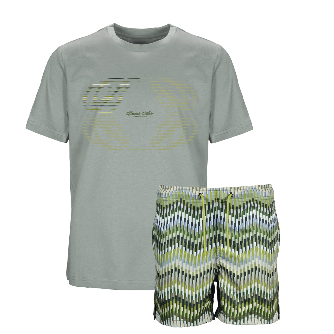 Line Zig Green Halftone - Kid's T-shirt & Swim Short Set
