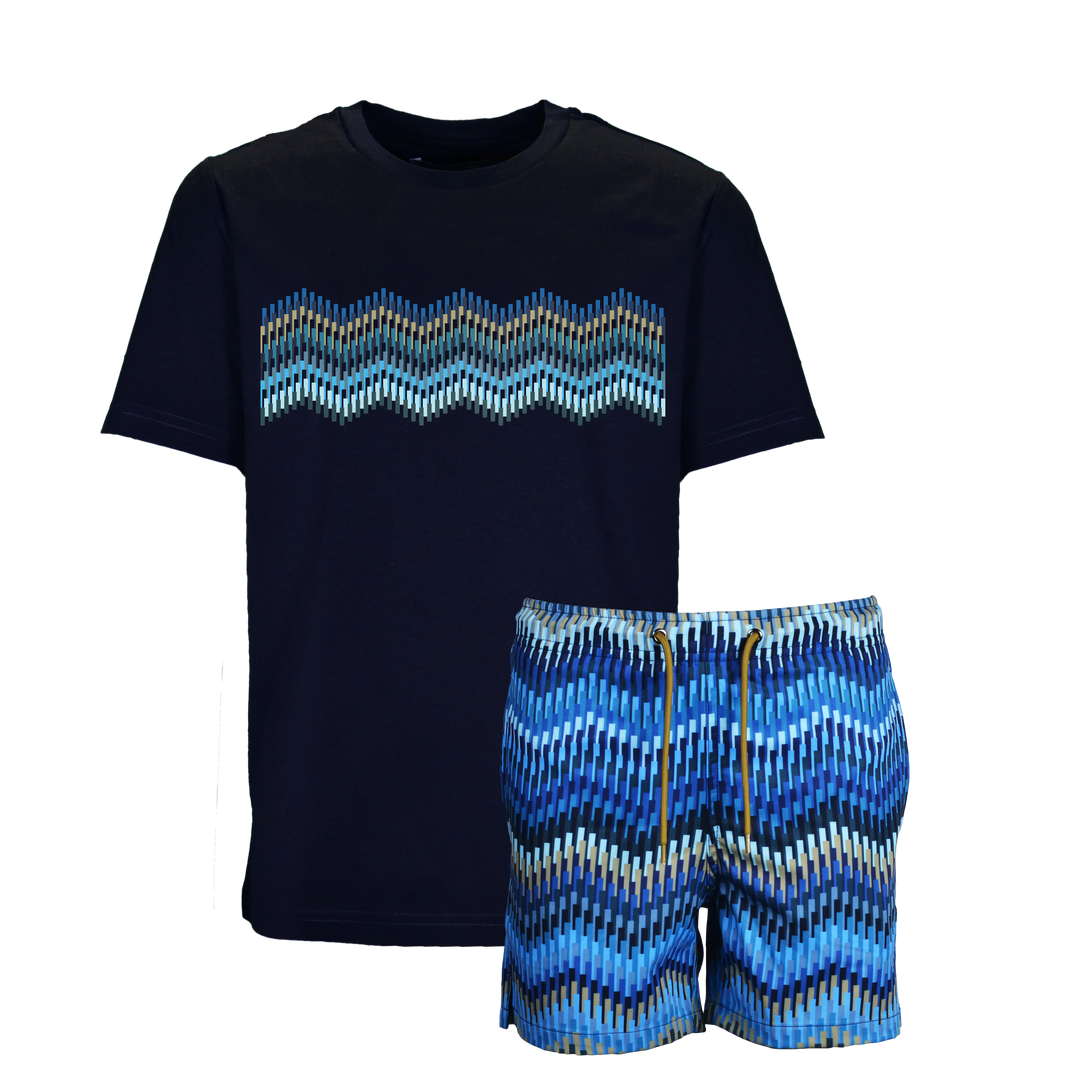 Line Zig Navy Bar - Kid's T-shirt & Swim Short Set