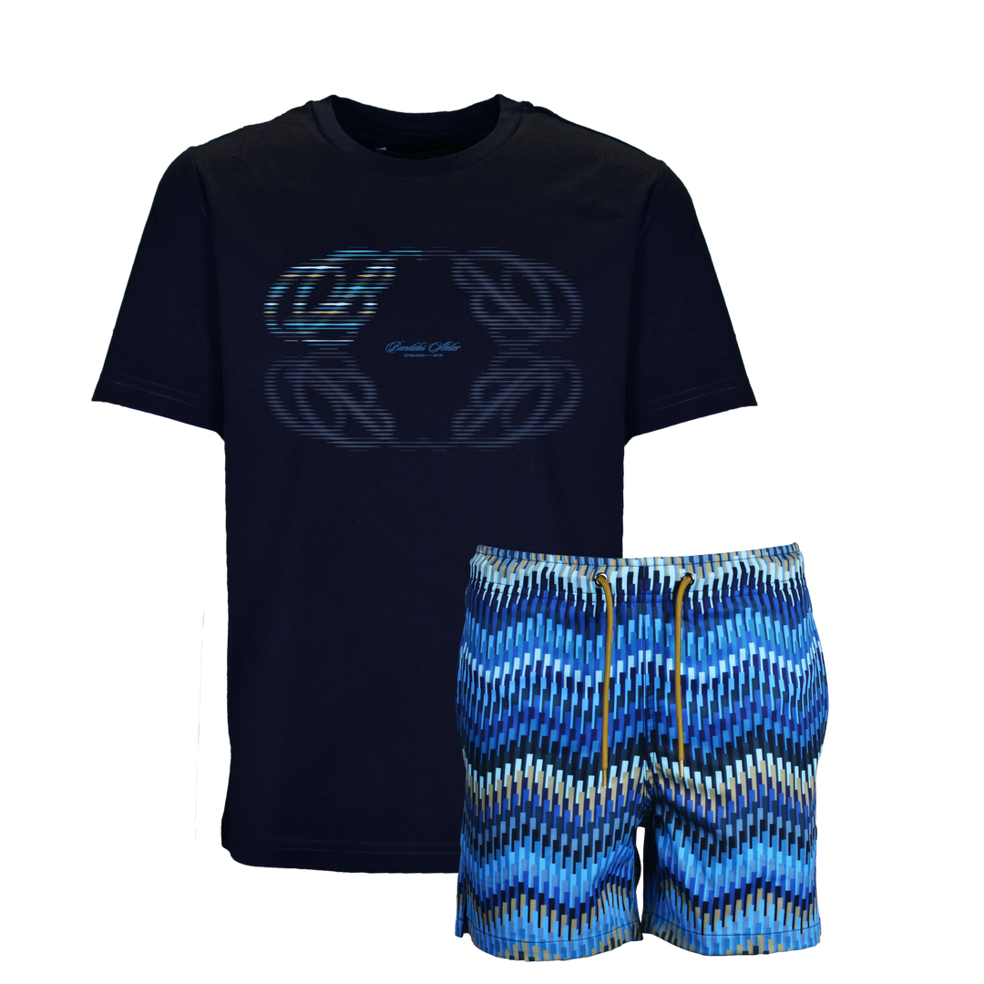 Line Zig Navy Halftone - Kid's T-shirt & Swim Short Set