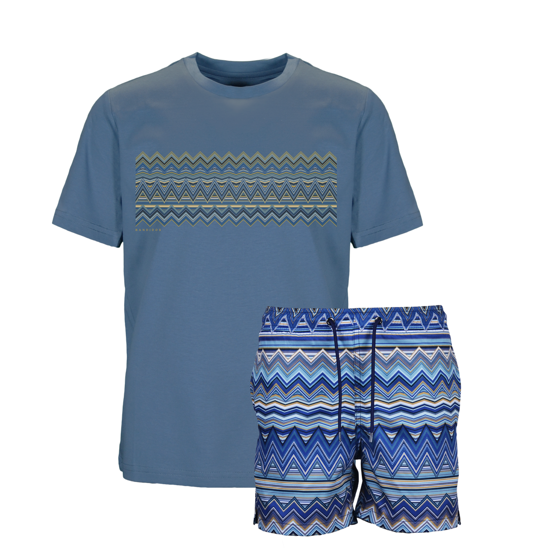 Multi Zig Navy Gold Bar - Kid's T-shirt & Swim Short Set