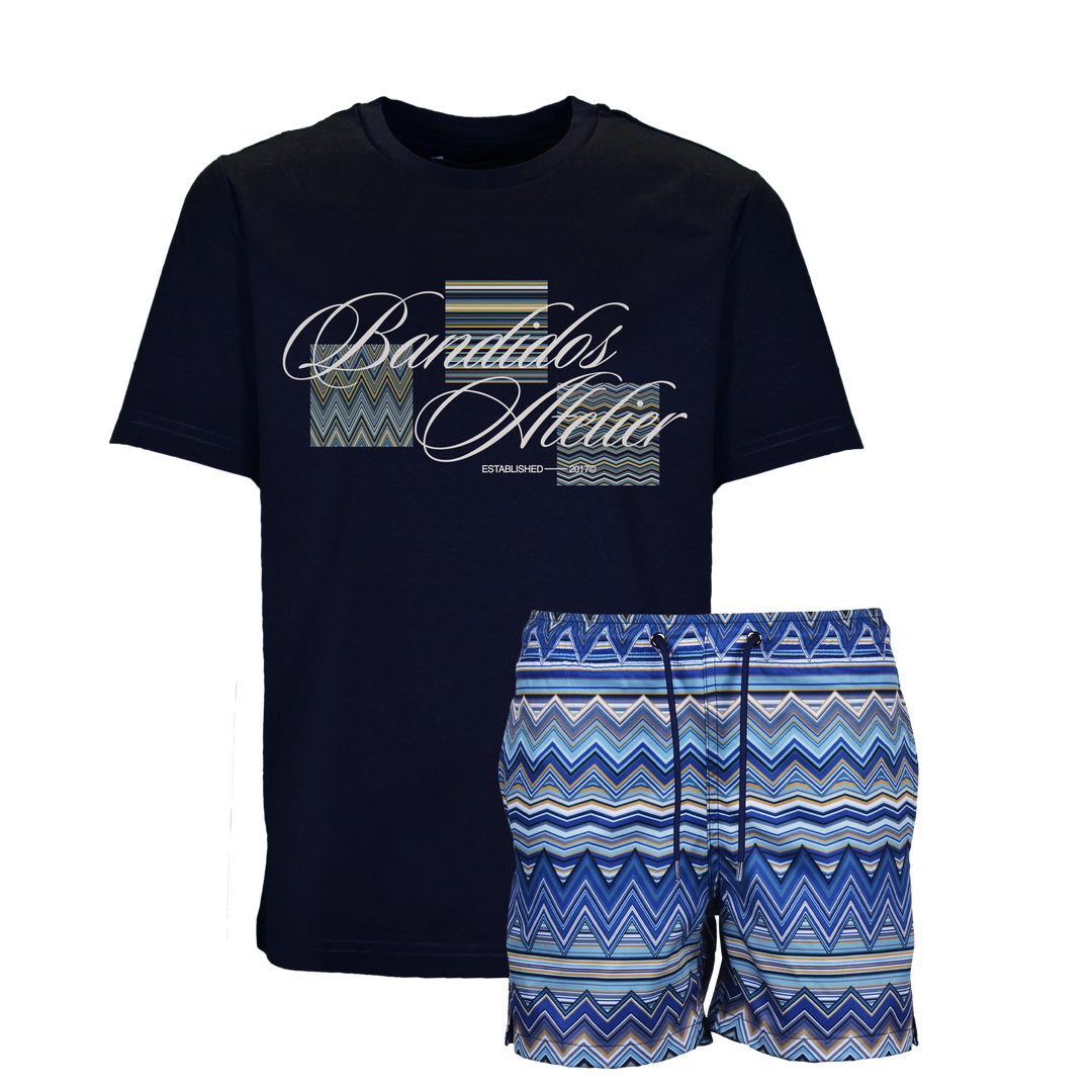 Multi Zig Navy Gold Boxes - Kid's T-shirt & Swim Short Set
