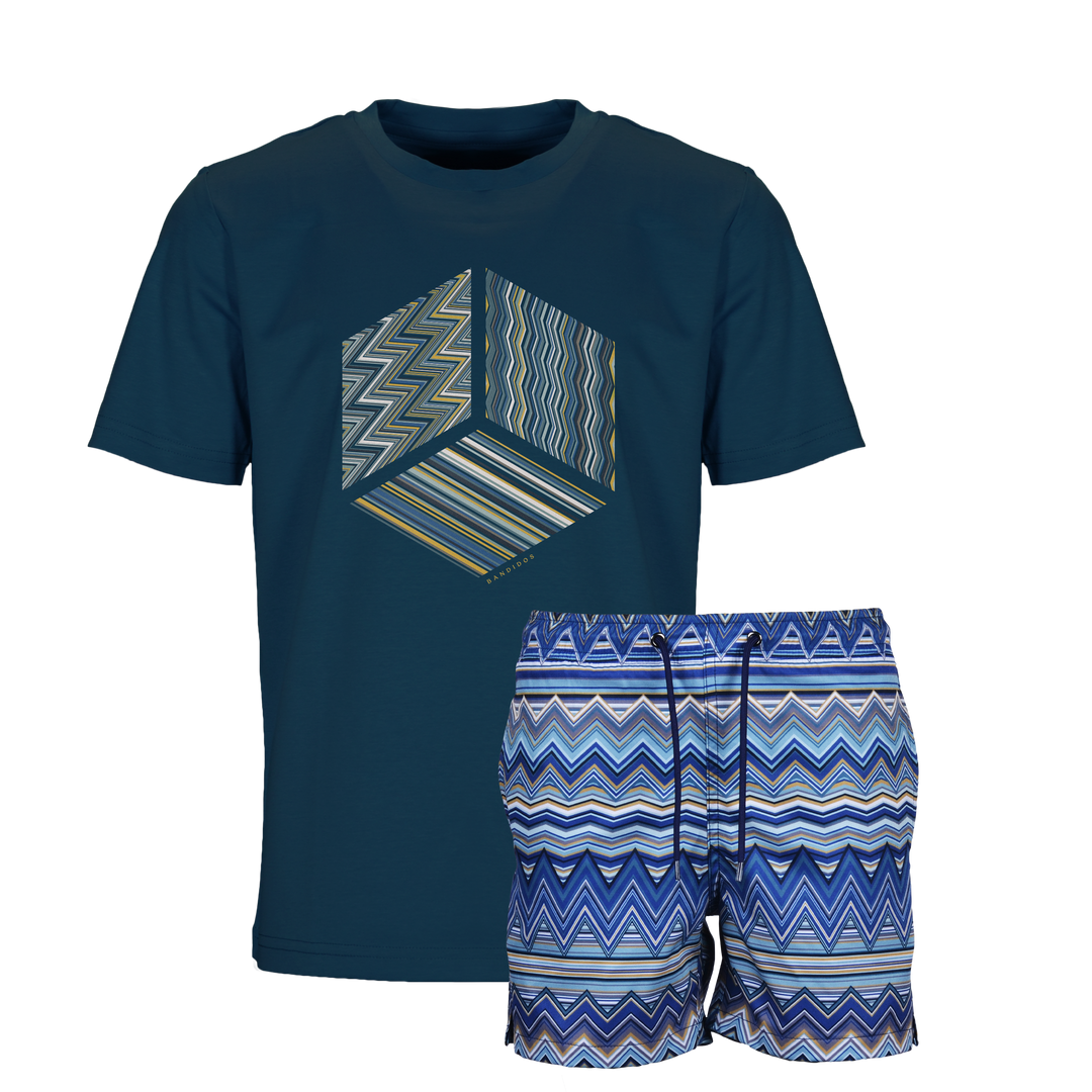 Multi Zig Navy Gold Cube - Kid's T-shirt & Swim Short Set