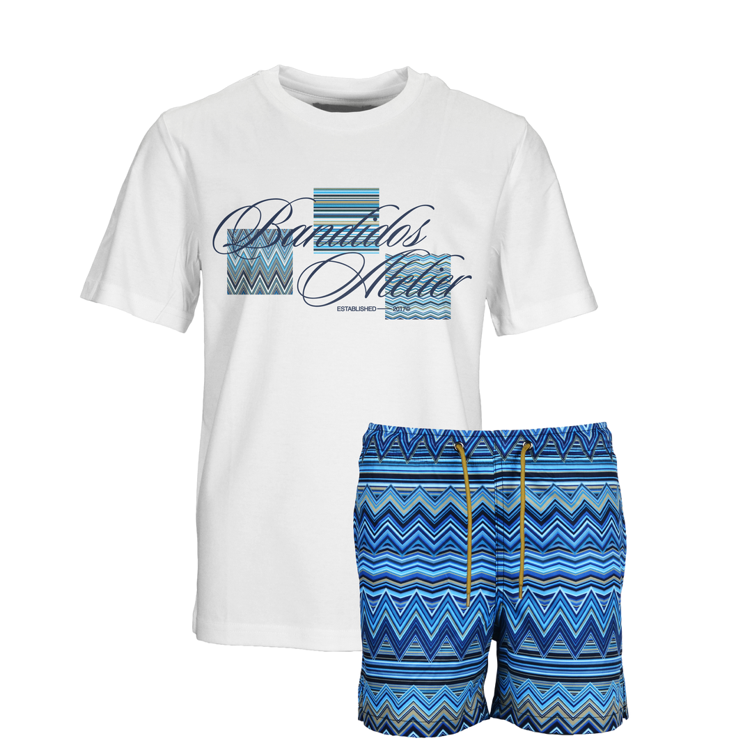Multi Zig Navy Boxes - Kid's T-shirt & Swim Short Set