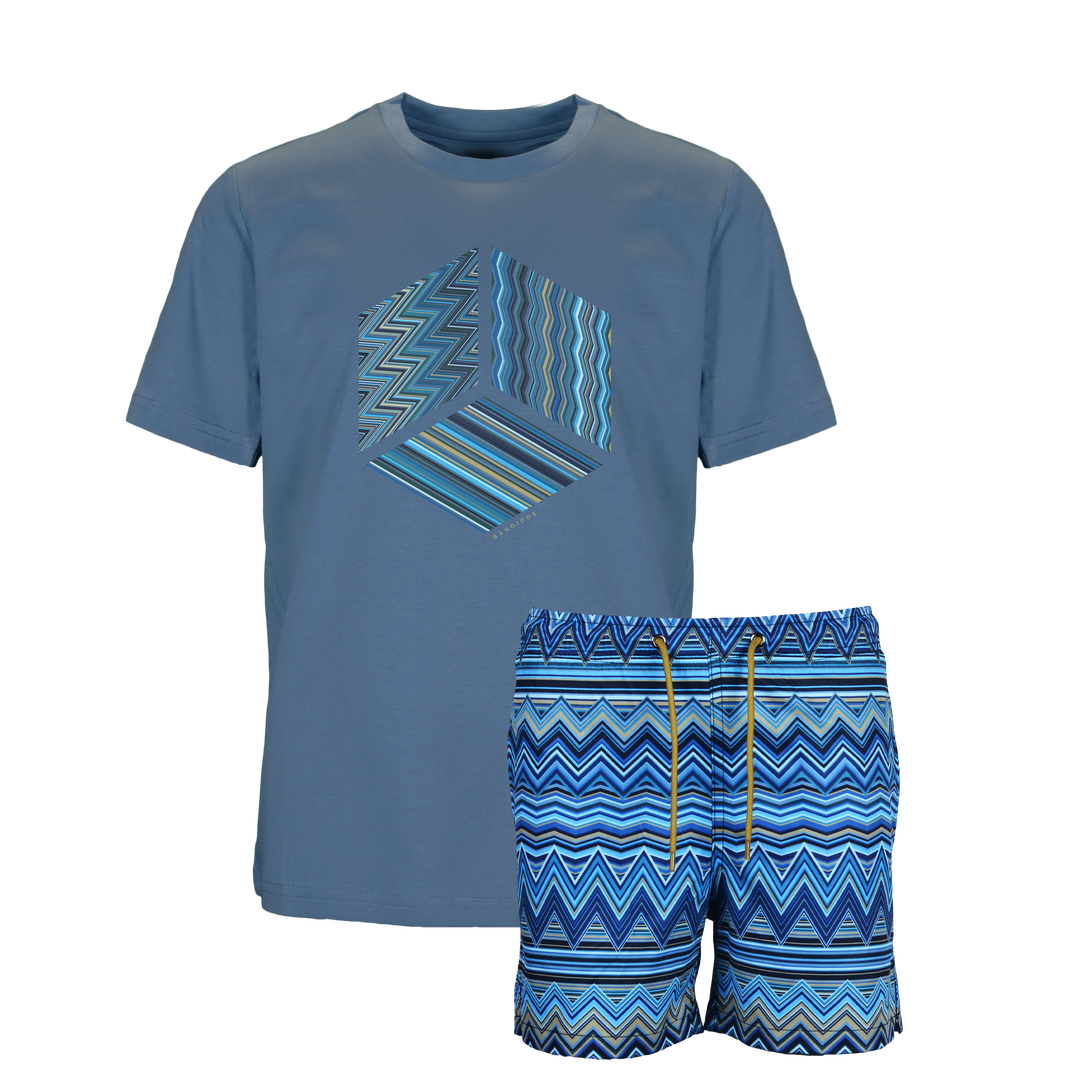 Multi Zig Navy Cube - Kid's T-shirt & Swim Short Set