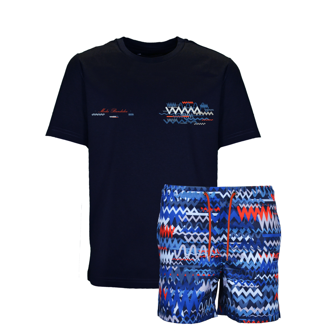 Oscillate Blue Red Chest - Kid's T-shirt & Swim Short Set