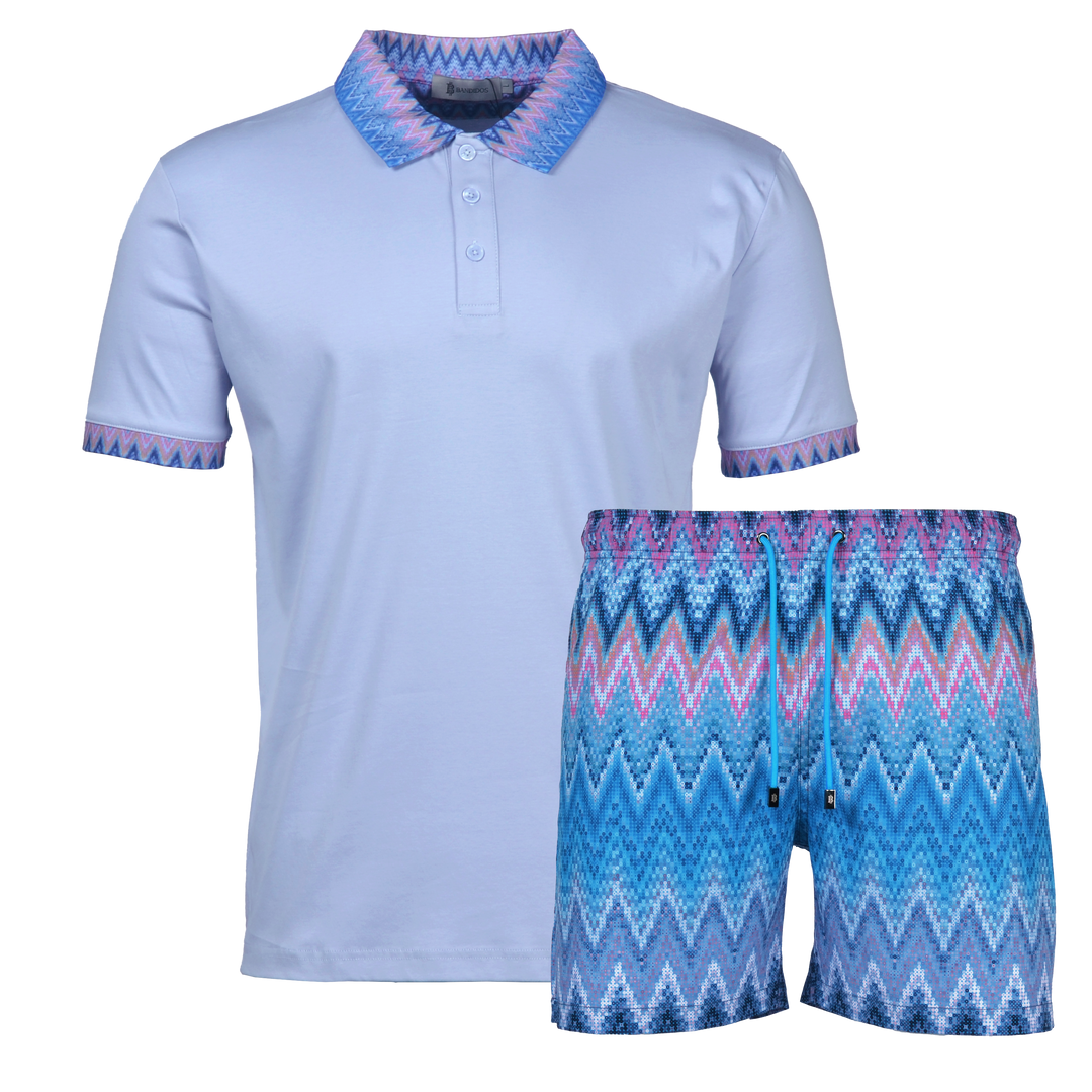 Sequin Zig Miami Pattern Collar - Men's Polo & Swim Short Set