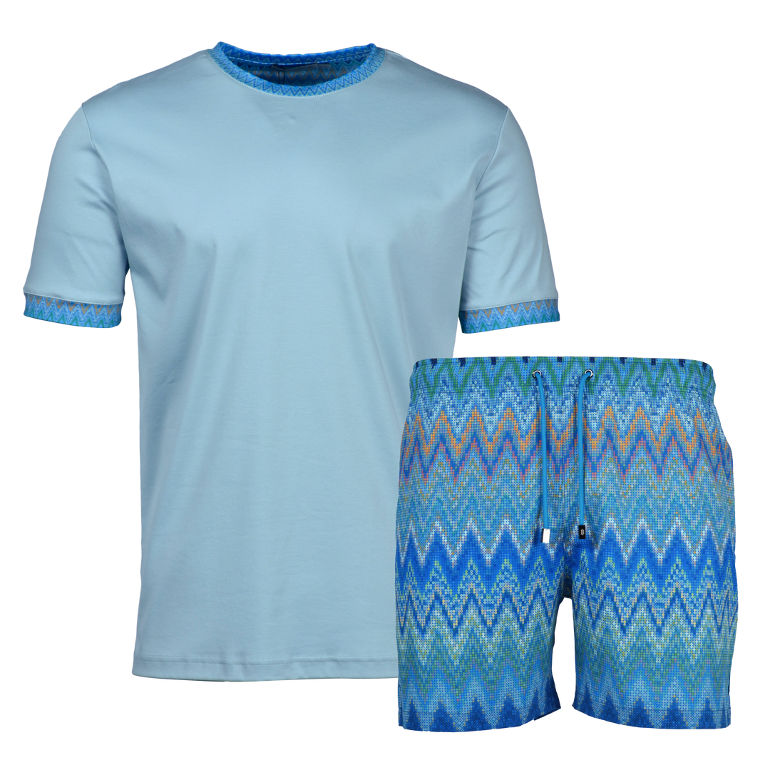 Sequin Zig Amalfi Pattern Collar - Men's T-Shirt & Swim Short Set