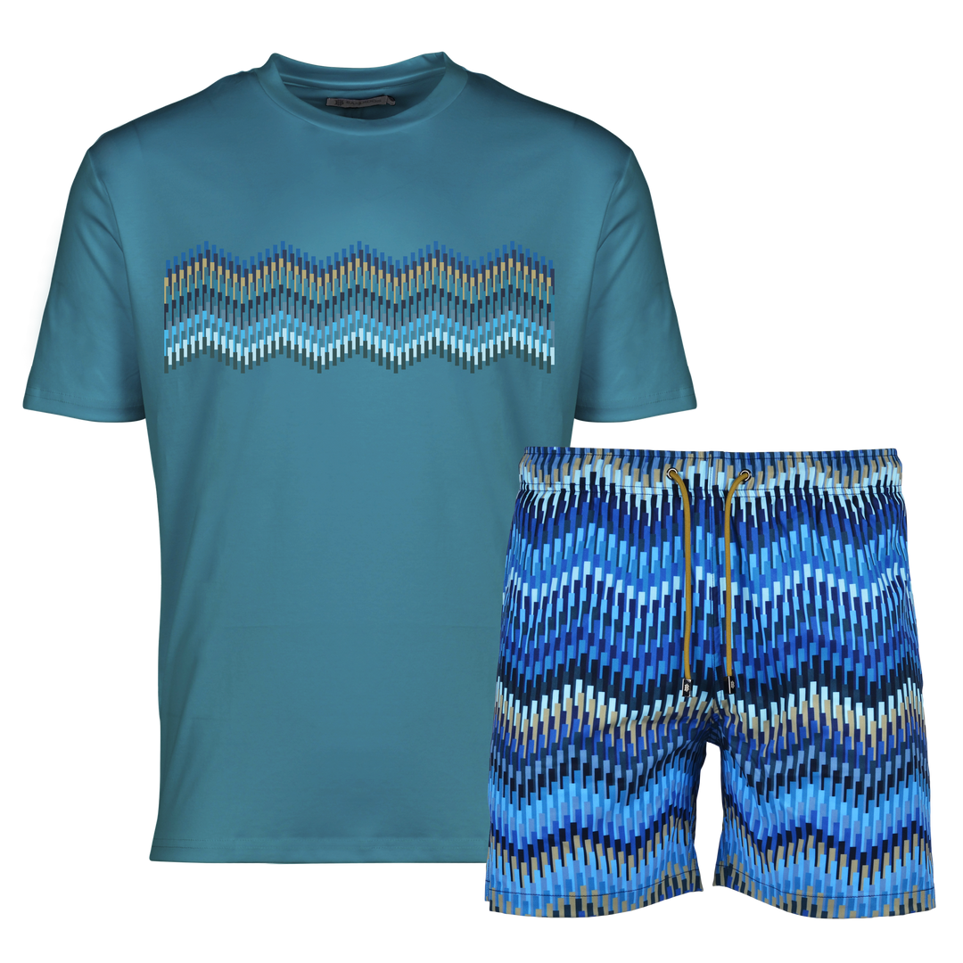 Line Zig Navy Bar - Men's T-shirt & Swim Short Set