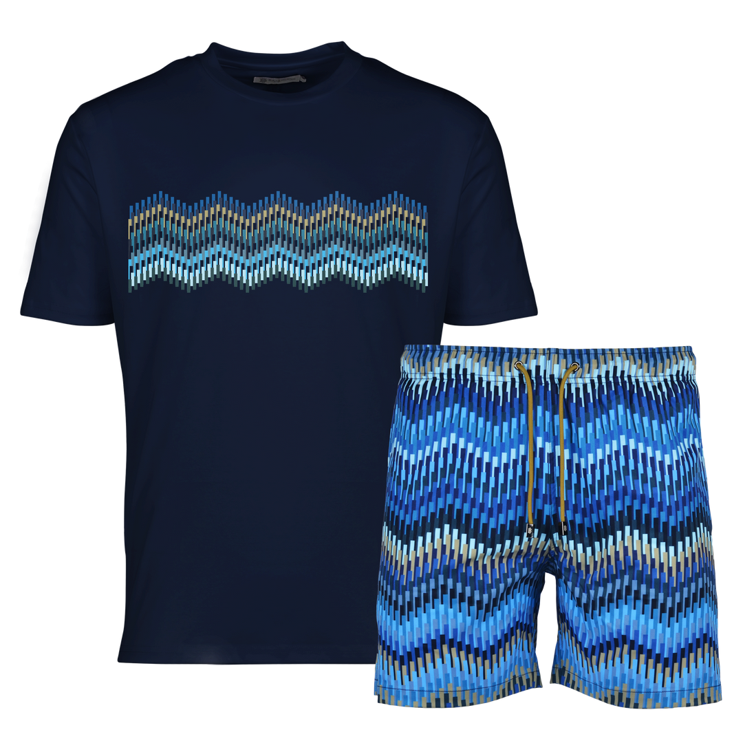 Line Zig Navy Bar - Men's T-shirt & Swim Short Set
